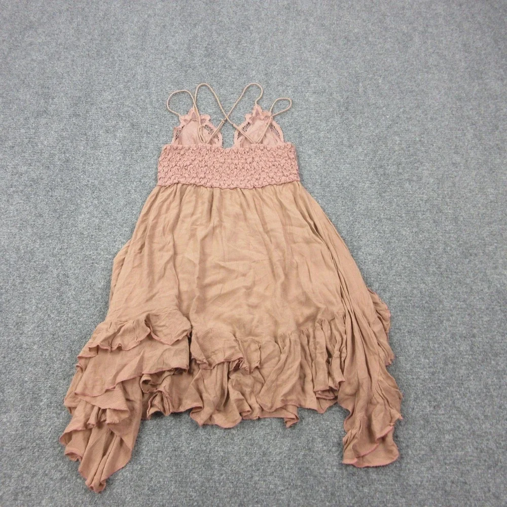 Free People Dress Womens Small Pink Lace Crochet Ruffle Strappy Swing Sundress - Picture 6 of 7